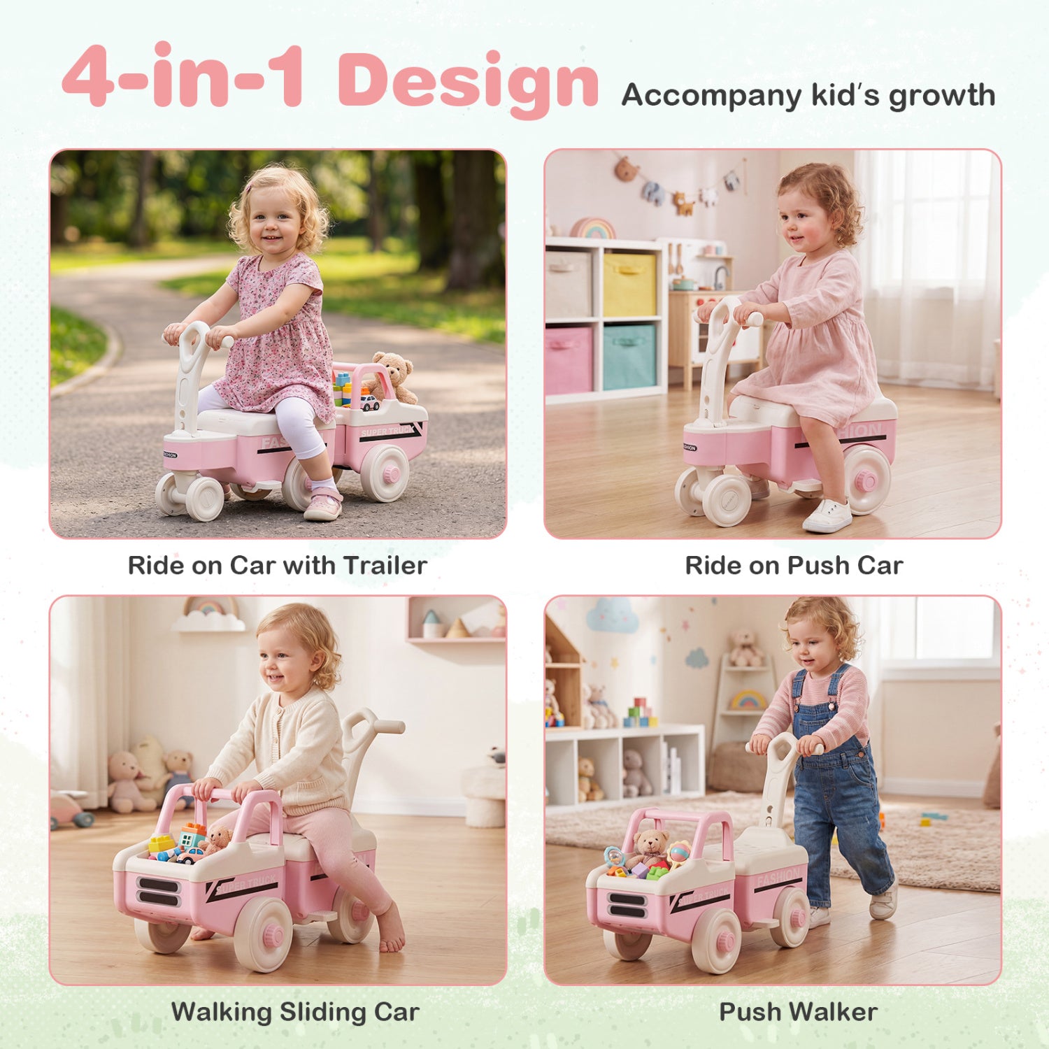 4 in 1 Ride on Push Car with Music and Under-Seat Storage for Boys Girls-Pink