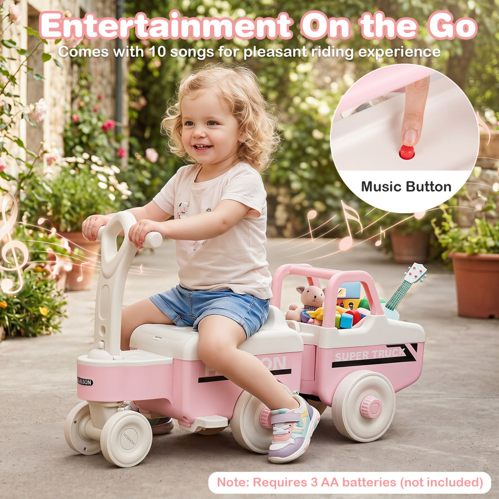 4 in 1 Ride on Push Car with Music and Under-Seat Storage for Boys Girls-Pink