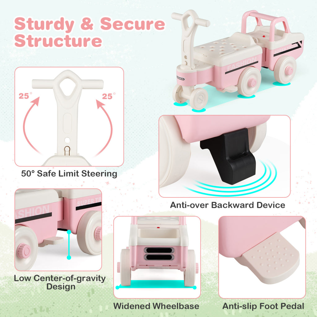 4 in 1 Ride on Push Car with Music and Under-Seat Storage for Boys Girls-Pink