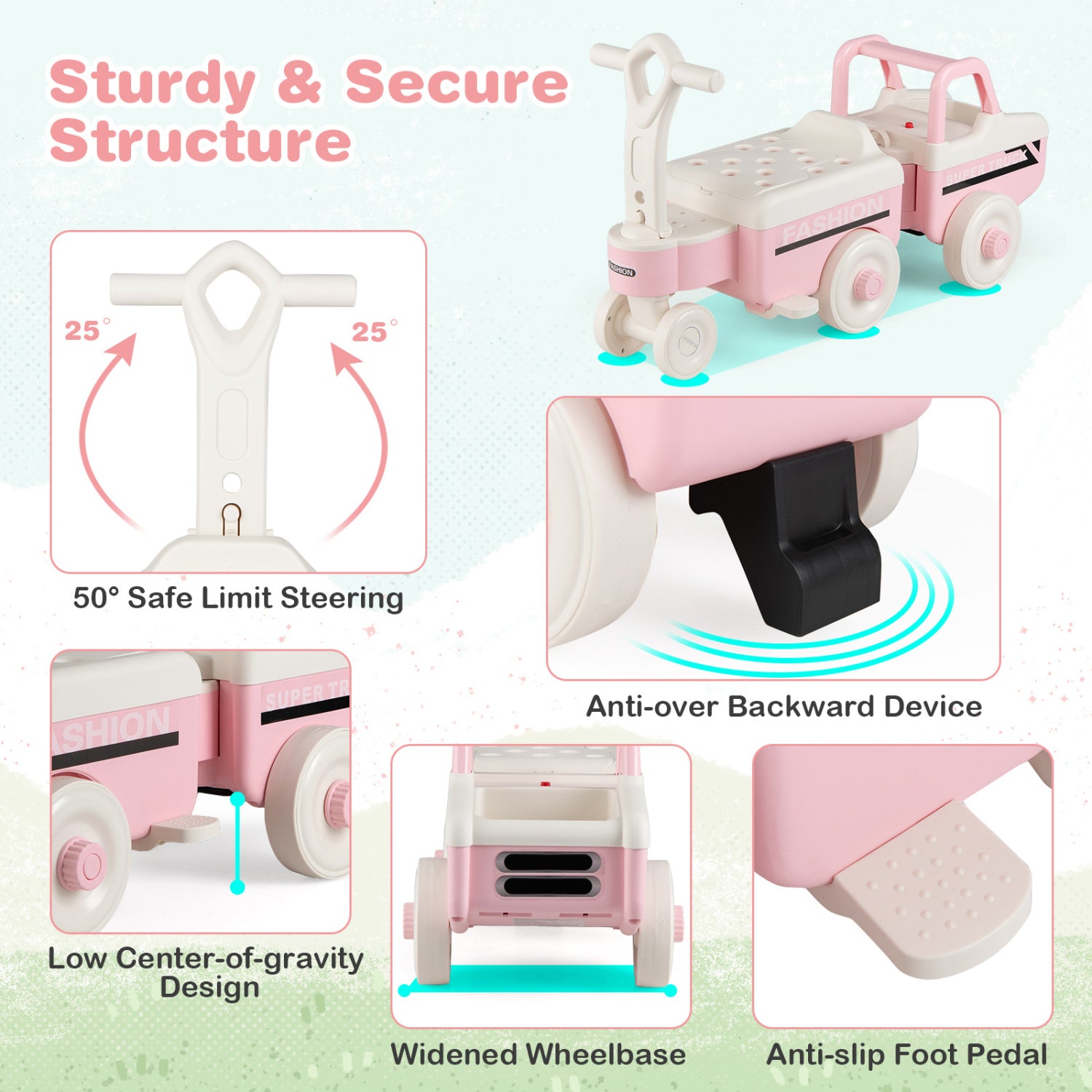 4 in 1 Ride on Push Car with Music and Under-Seat Storage for Boys Girls-Pink