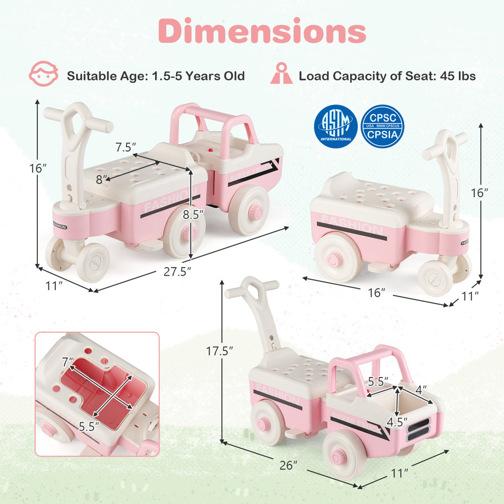 4 in 1 Ride on Push Car with Music and Under-Seat Storage for Boys Girls-Pink