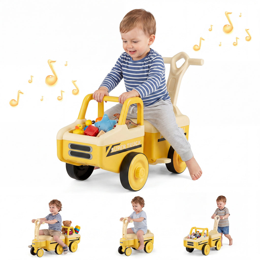 4 in 1 Ride on Push Car with Music and Under-Seat Storage for Boys Girls-Yellow