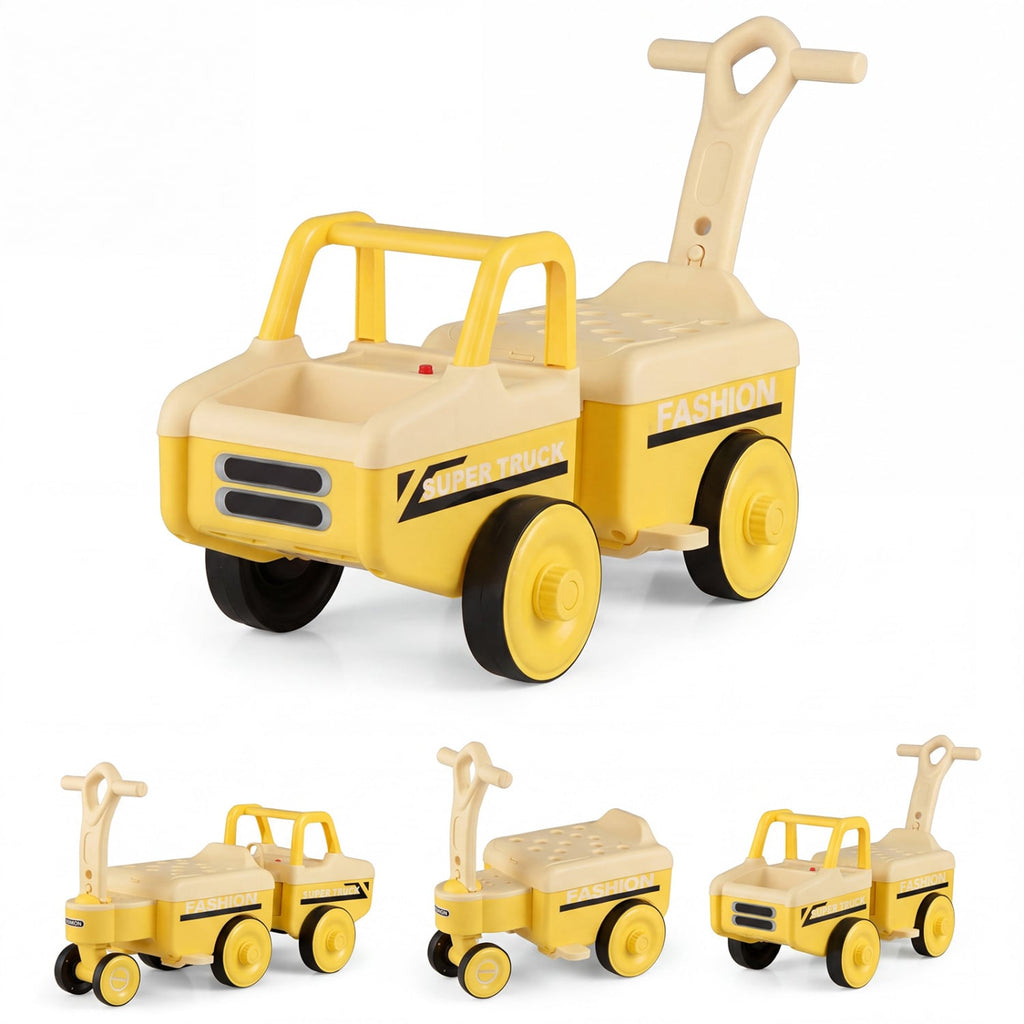 4 in 1 Ride on Push Car with Music and Under-Seat Storage for Boys Girls-Yellow