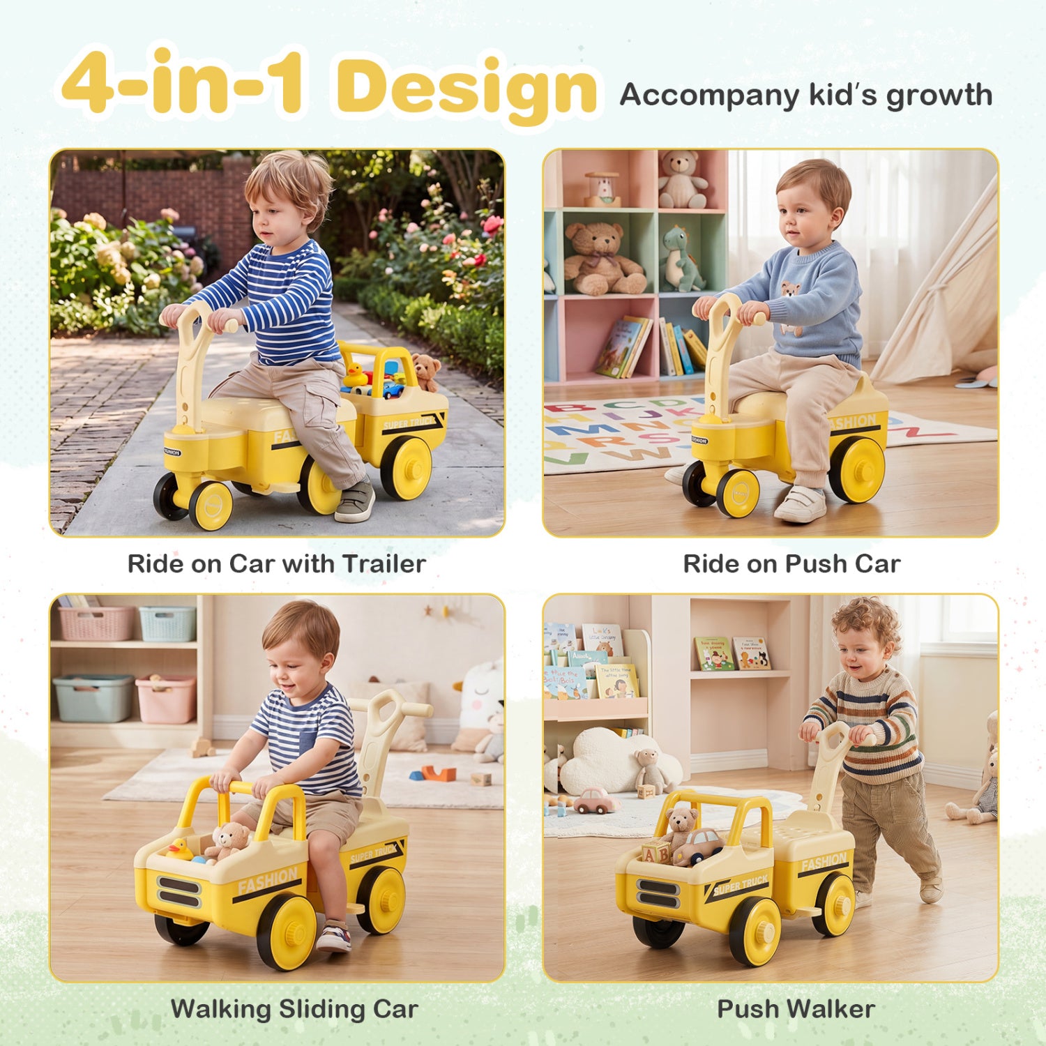 4 in 1 Ride on Push Car with Music and Under-Seat Storage for Boys Girls-Yellow