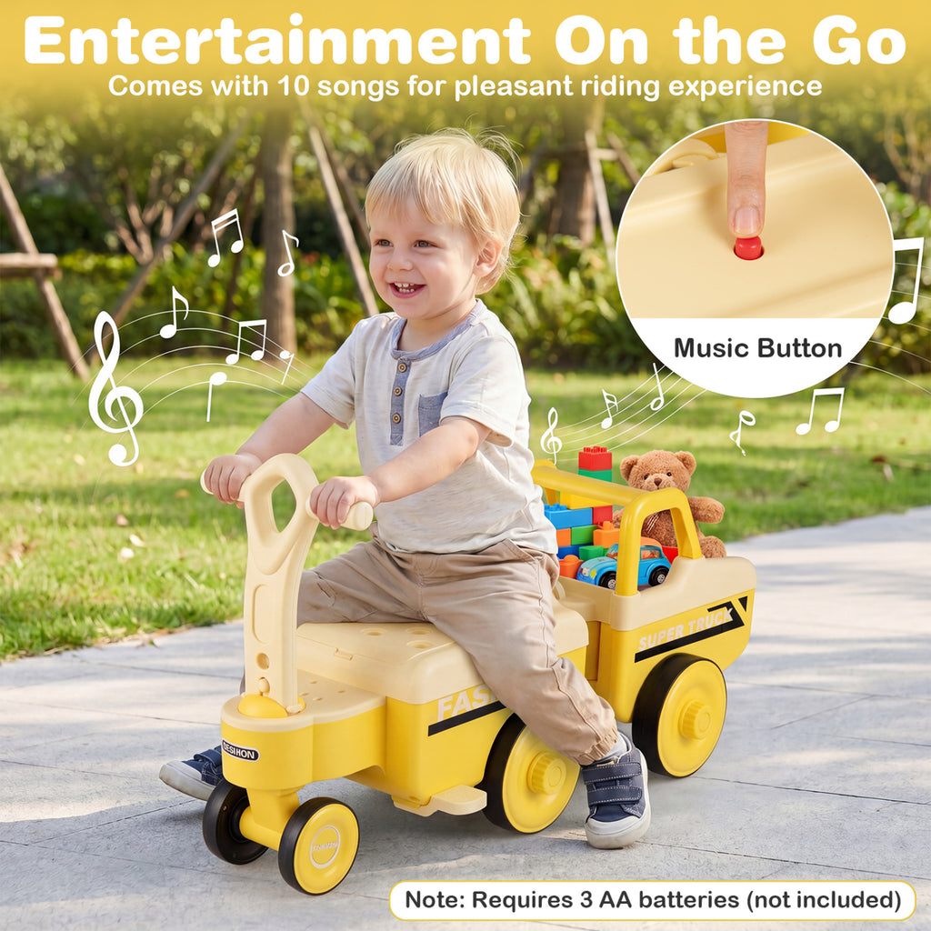 4 in 1 Ride on Push Car with Music and Under-Seat Storage for Boys Girls-Yellow
