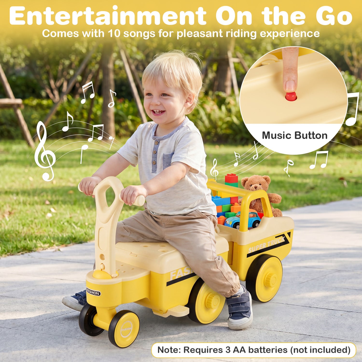 4 in 1 Ride on Push Car with Music and Under-Seat Storage for Boys Girls-Yellow