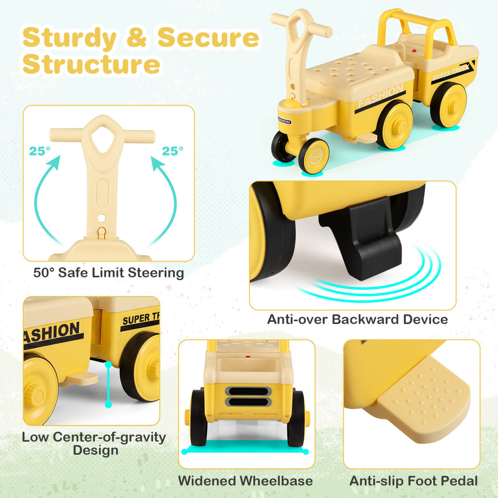 4 in 1 Ride on Push Car with Music and Under-Seat Storage for Boys Girls-Yellow