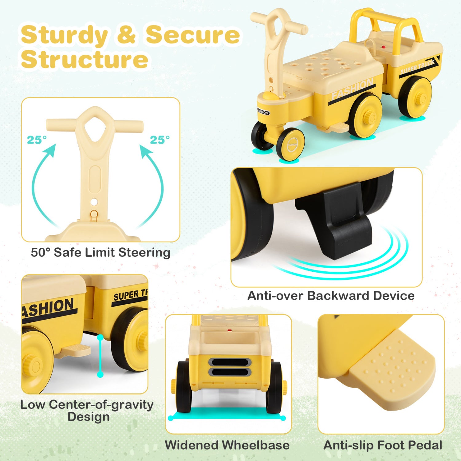 4 in 1 Ride on Push Car with Music and Under-Seat Storage for Boys Girls-Yellow
