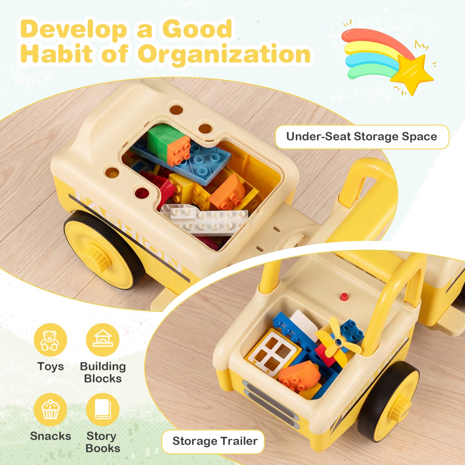 4 in 1 Ride on Push Car with Music and Under-Seat Storage for Boys Girls-Yellow