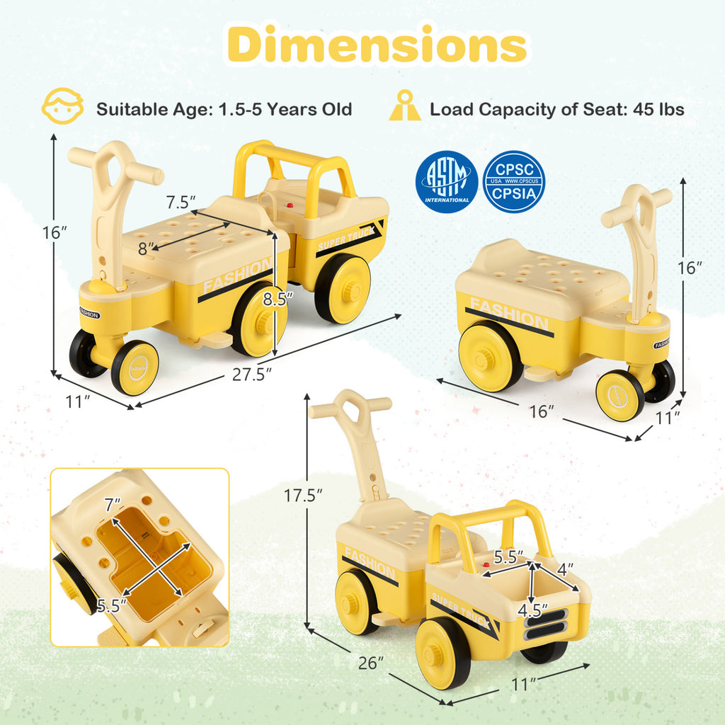 4 in 1 Ride on Push Car with Music and Under-Seat Storage for Boys Girls-Yellow