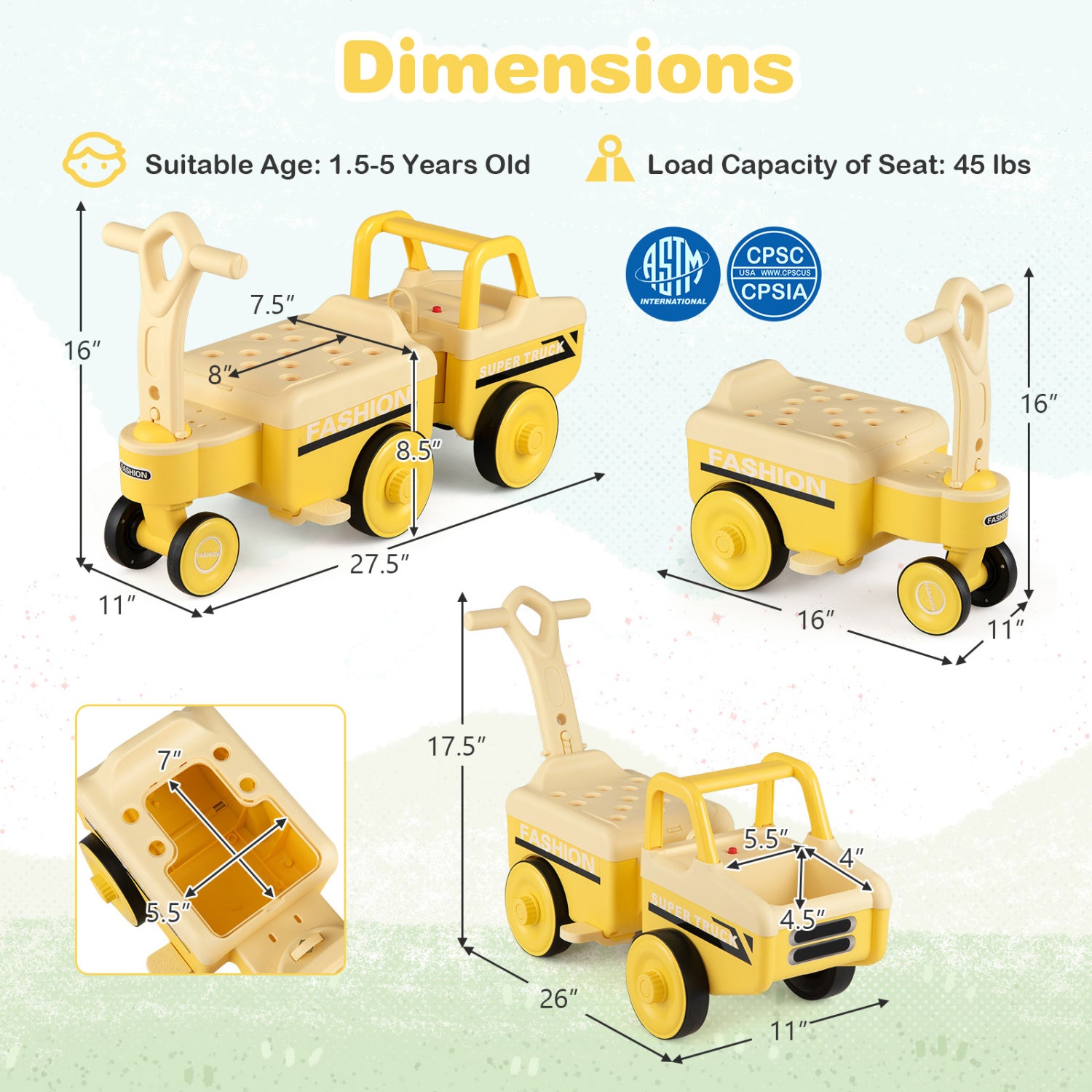 4 in 1 Ride on Push Car with Music and Under-Seat Storage for Boys Girls-Yellow