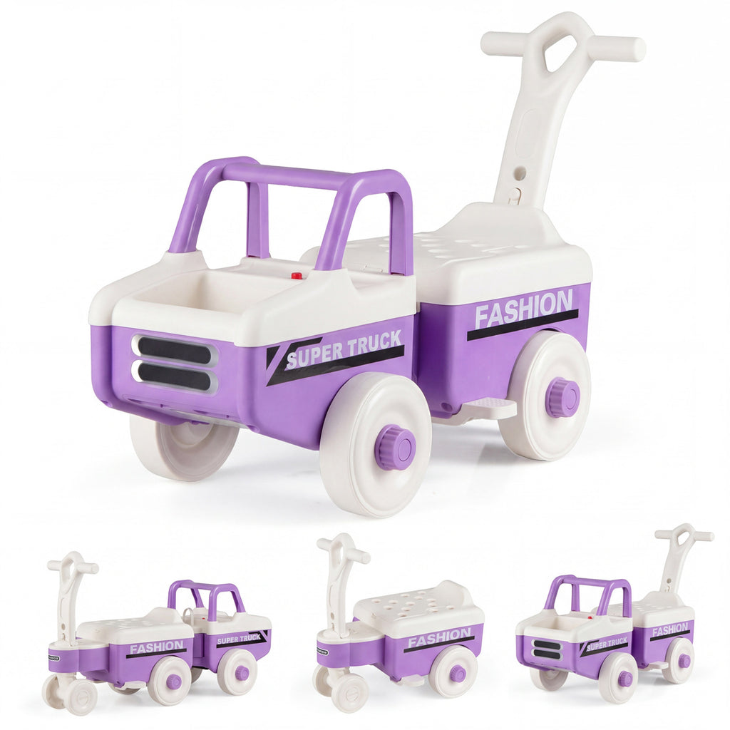 4 in 1 Ride on Push Car with Music and Under-Seat Storage for Boys Girls-Purple