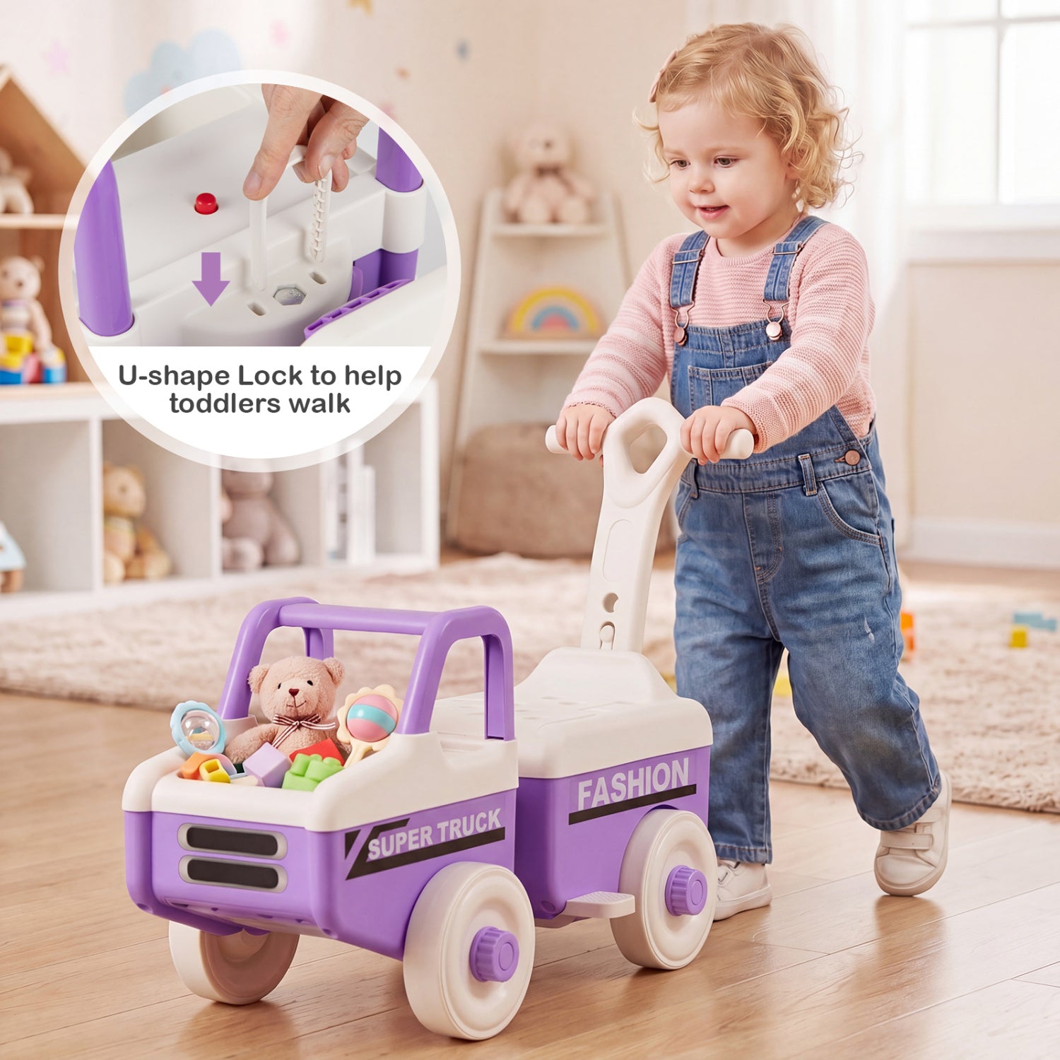 4 in 1 Ride on Push Car with Music and Under-Seat Storage for Boys Girls-Purple
