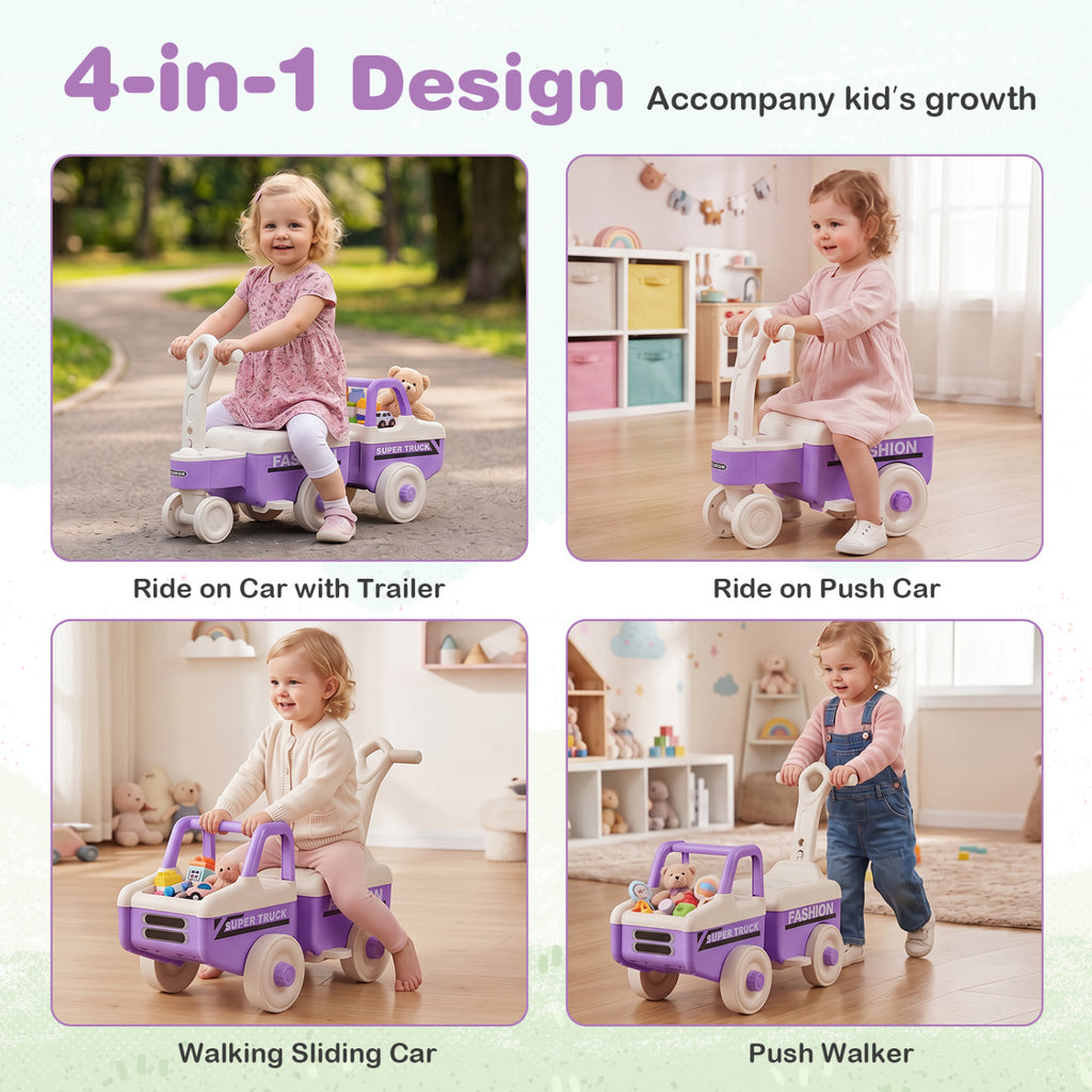 4 in 1 Ride on Push Car with Music and Under-Seat Storage for Boys Girls-Purple