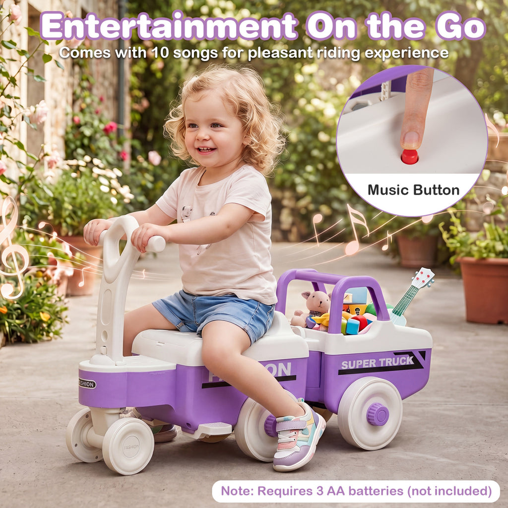 4 in 1 Ride on Push Car with Music and Under-Seat Storage for Boys Girls-Purple