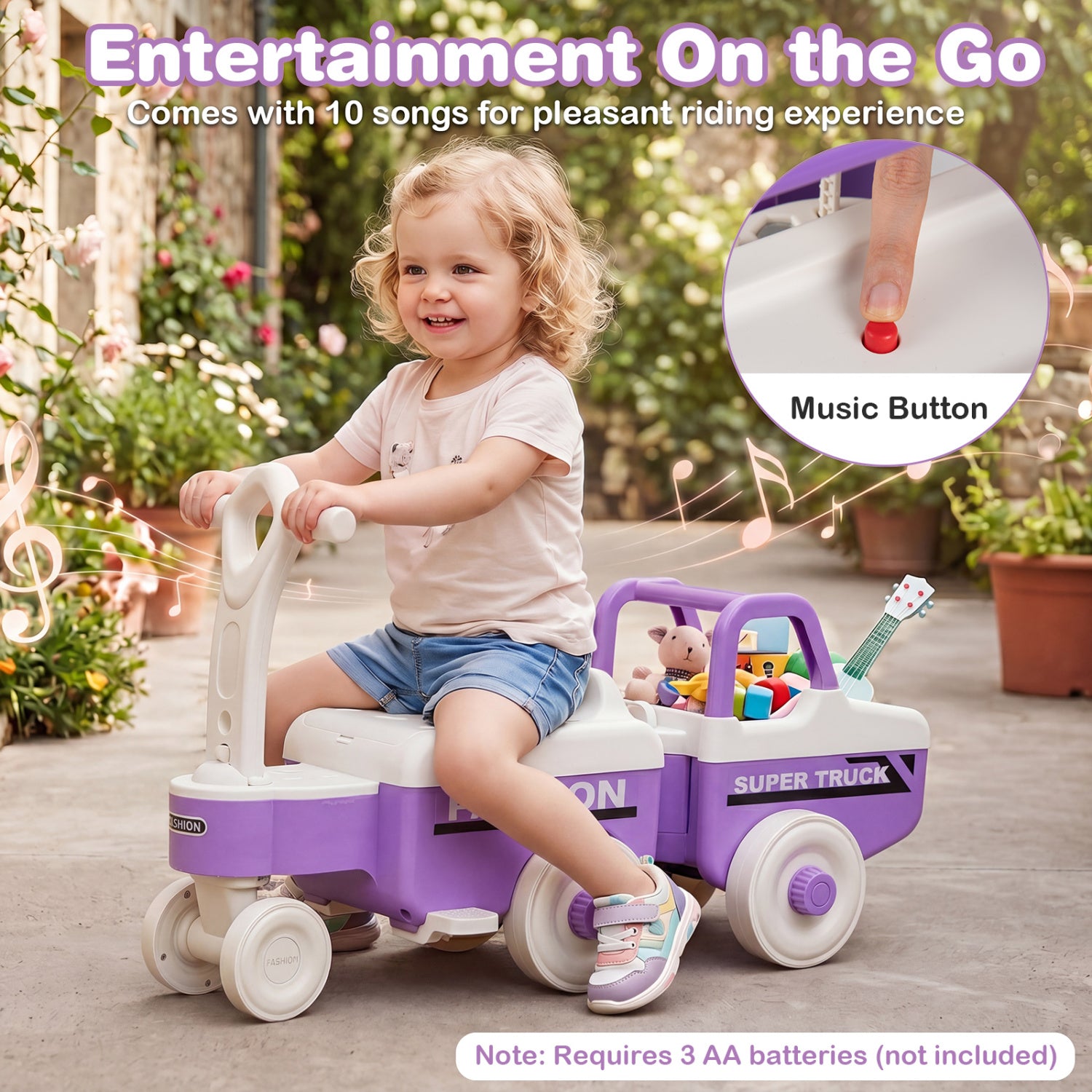 4 in 1 Ride on Push Car with Music and Under-Seat Storage for Boys Girls-Purple