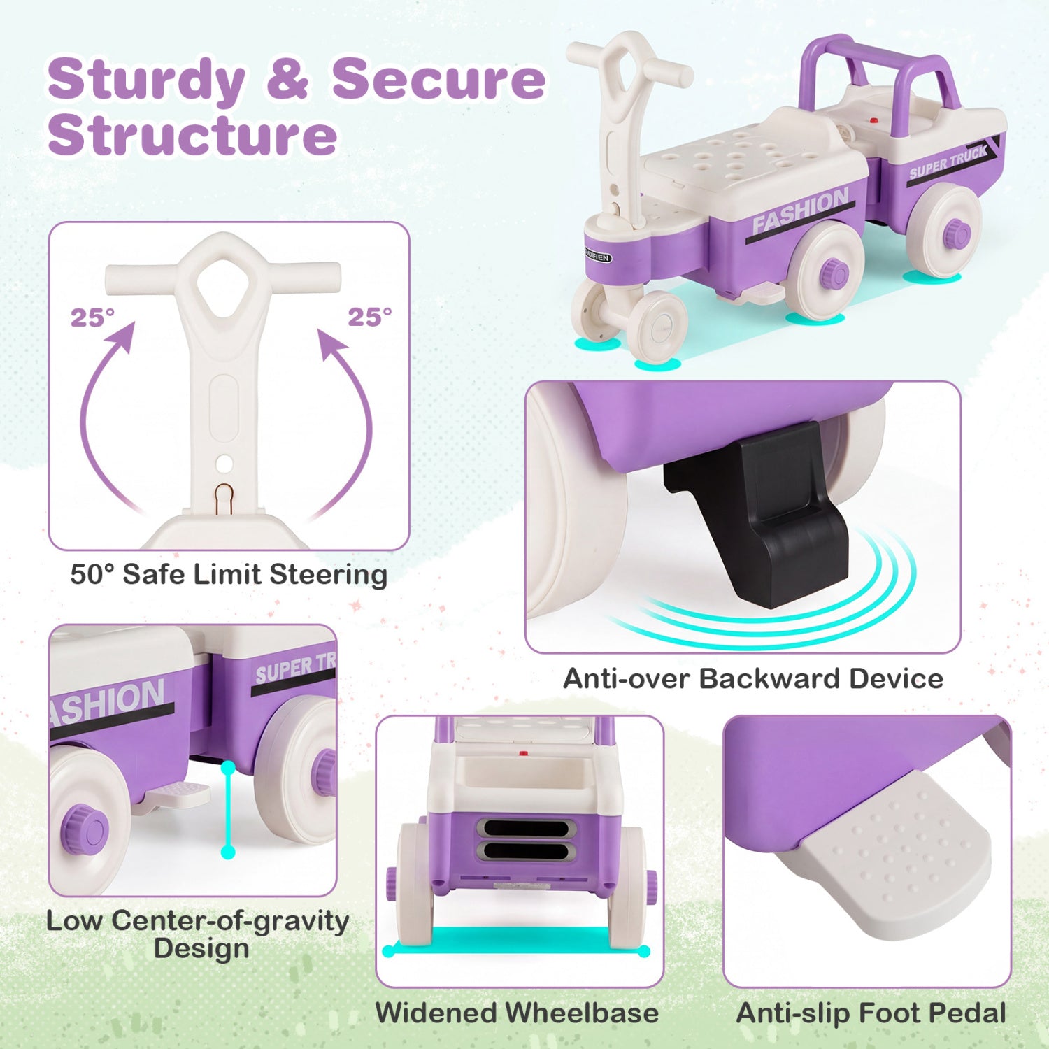 4 in 1 Ride on Push Car with Music and Under-Seat Storage for Boys Girls-Purple