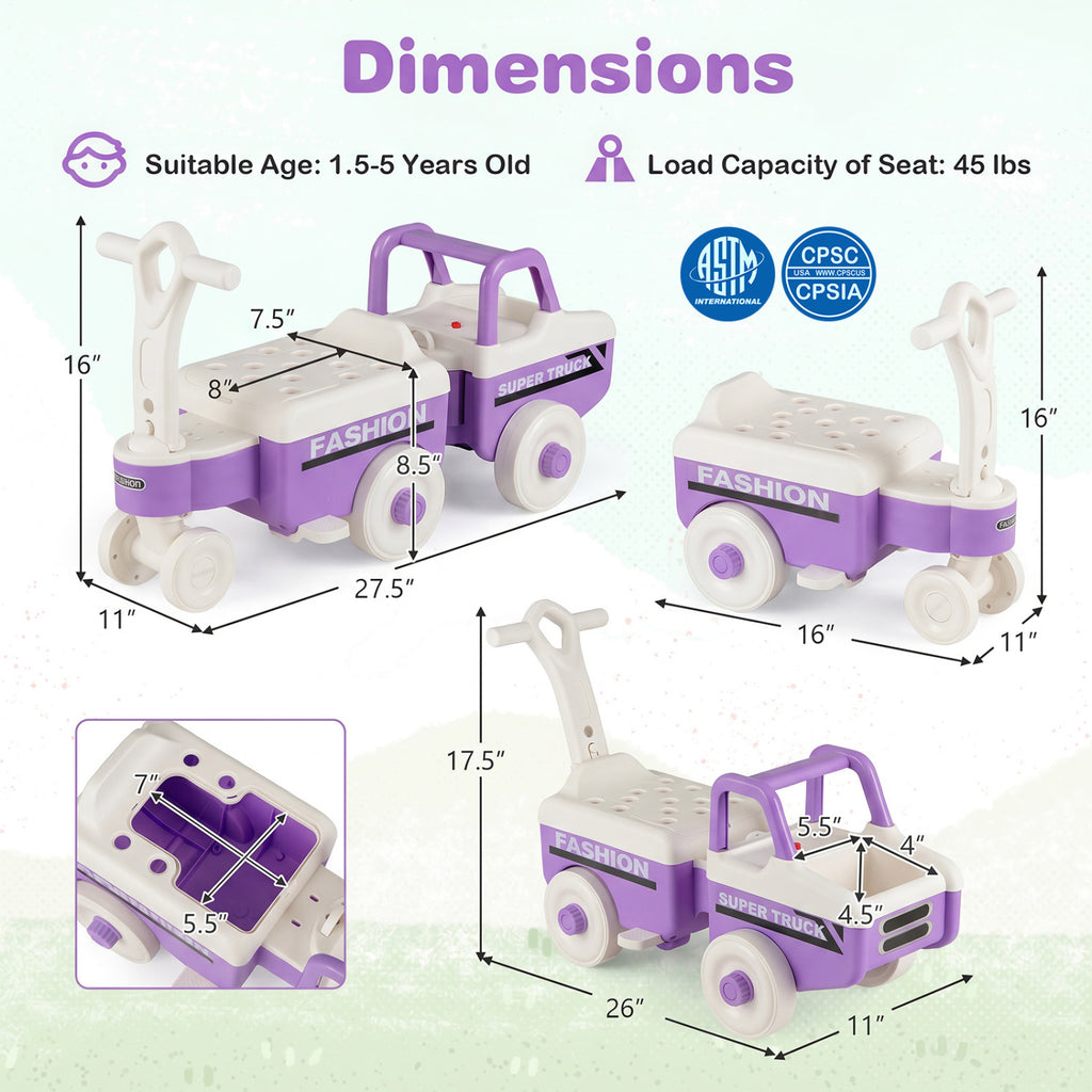 4 in 1 Ride on Push Car with Music and Under-Seat Storage for Boys Girls-Purple