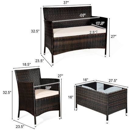 4 Pieces Comfortable Outdoor Rattan Sofa Set with Glass Coffee Table-Beige and Gray