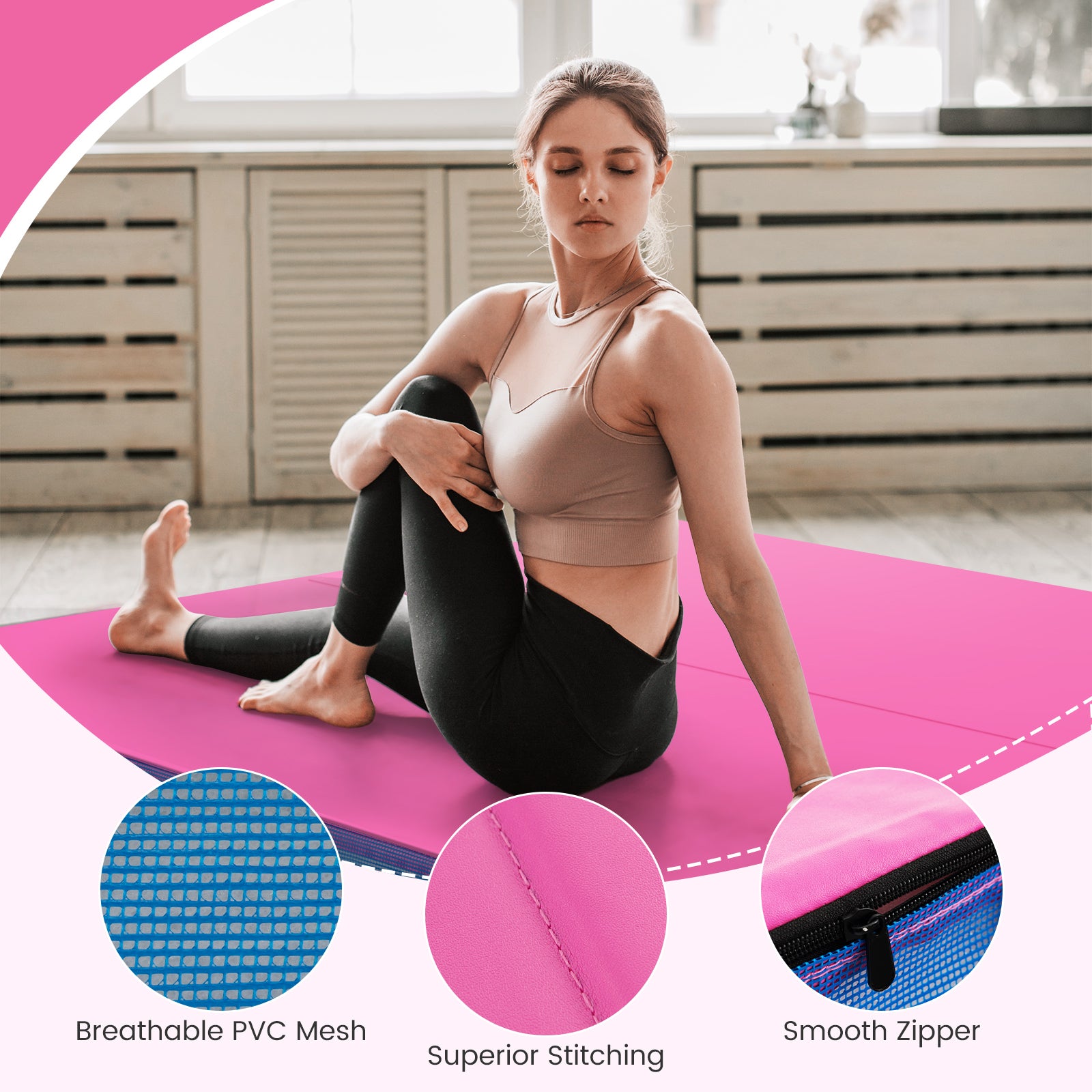 4ft x 4ft x 4in Bi-Folding Gymnastic Tumbling Mat with Handles and Cover-Pink