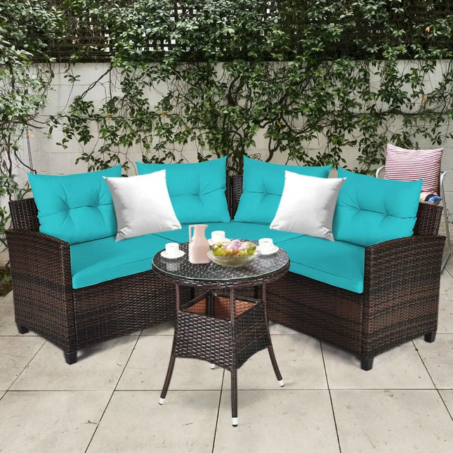 4Pcs Outdoor Cushioned Rattan Furniture Set-Turquoise - Turquoise - Outdoor Sectionals