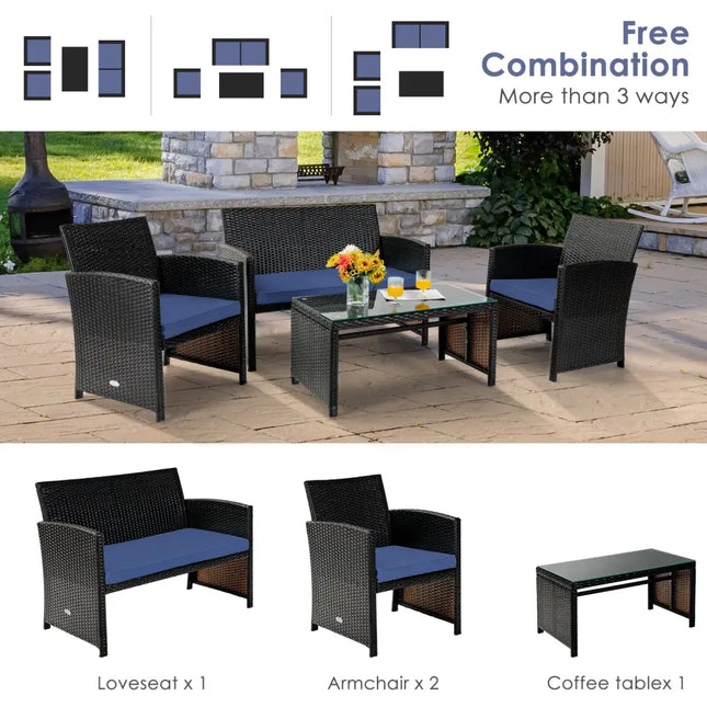 4Pcs Patio Rattan Cushioned Furniture Set-Navy - Navy - Patio Furniture Sets