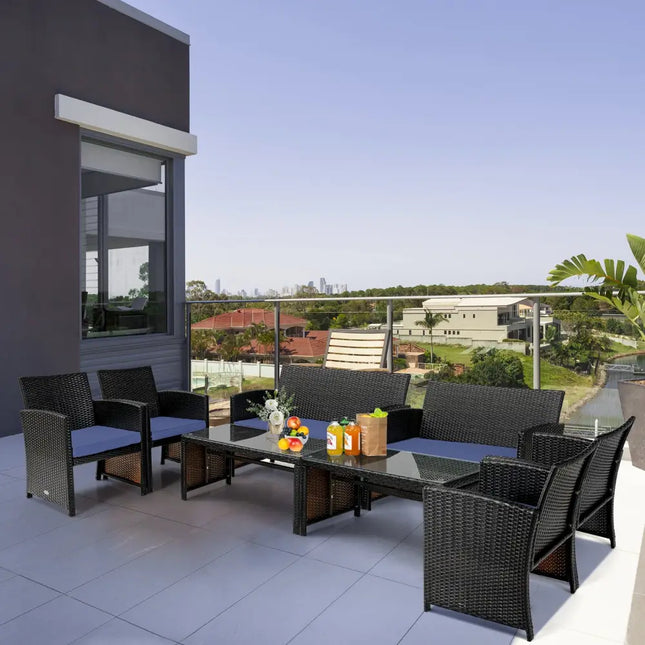 4Pcs Patio Rattan Cushioned Furniture Set-Navy - Navy - Patio Furniture Sets