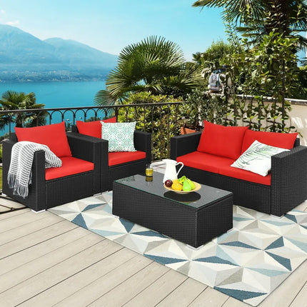 4Pcs Patio Rattan Cushioned Furniture Set-Red - Red - Patio Conversation Sets