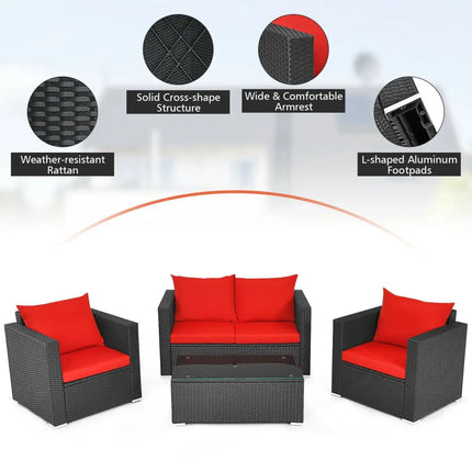 4Pcs Patio Rattan Cushioned Furniture Set-Red - Red - Patio Conversation Sets
