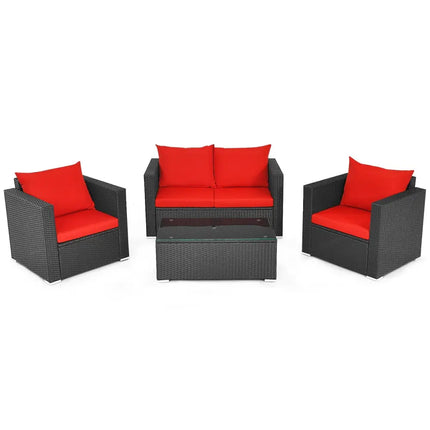 4Pcs Patio Rattan Cushioned Furniture Set-Red - Red - Patio Conversation Sets