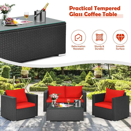 4Pcs Patio Rattan Cushioned Furniture Set-Red - Red - Patio Conversation Sets