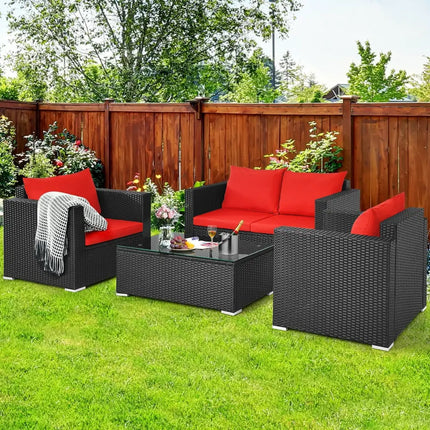 4Pcs Patio Rattan Cushioned Furniture Set-Red - Red - Patio Conversation Sets
