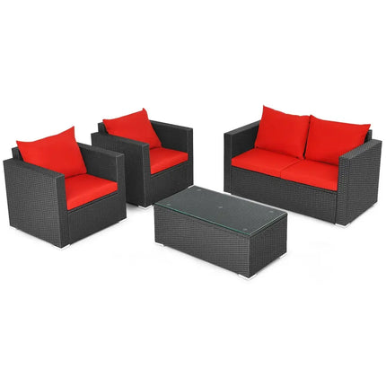 4Pcs Patio Rattan Cushioned Furniture Set-Red - Red - Patio Conversation Sets