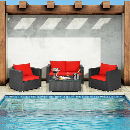 4Pcs Patio Rattan Cushioned Furniture Set-Red - Red - Patio Conversation Sets