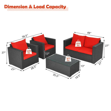 4Pcs Patio Rattan Cushioned Furniture Set-Red - Red - Patio Conversation Sets