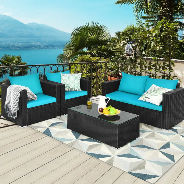 4Pcs Patio Rattan Cushioned Furniture Set-Turquoise - Turquoise - Patio Conversation Sets