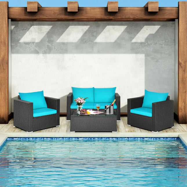 4Pcs Patio Rattan Cushioned Furniture Set-Turquoise - Turquoise - Patio Conversation Sets