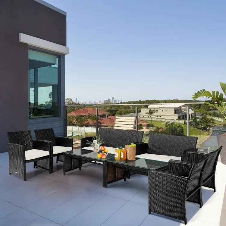 4Pcs Patio Rattan Cushioned Furniture Set - White - Oasis Home Essentials