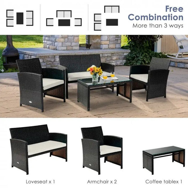 4Pcs Patio Rattan Cushioned Furniture Set - White - Oasis Home Essentials