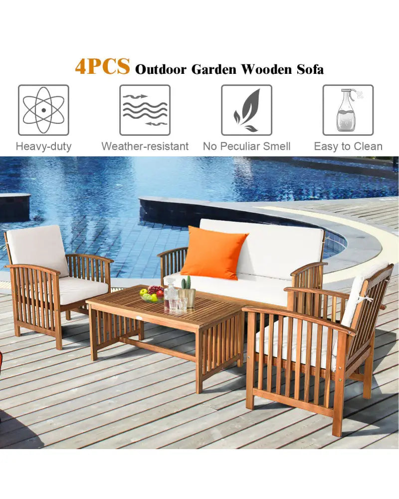 4PCS Patio Solid Wood Furniture Set-Beige - Beige - Patio Conversation Sets