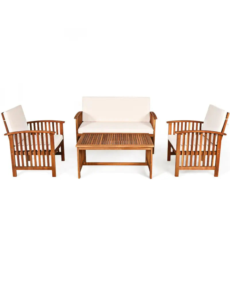 4PCS Patio Solid Wood Furniture Set-Beige - Beige - Patio Conversation Sets