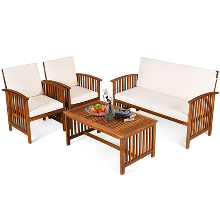 4PCS Patio Solid Wood Furniture Set-Beige - Beige - Patio Conversation Sets