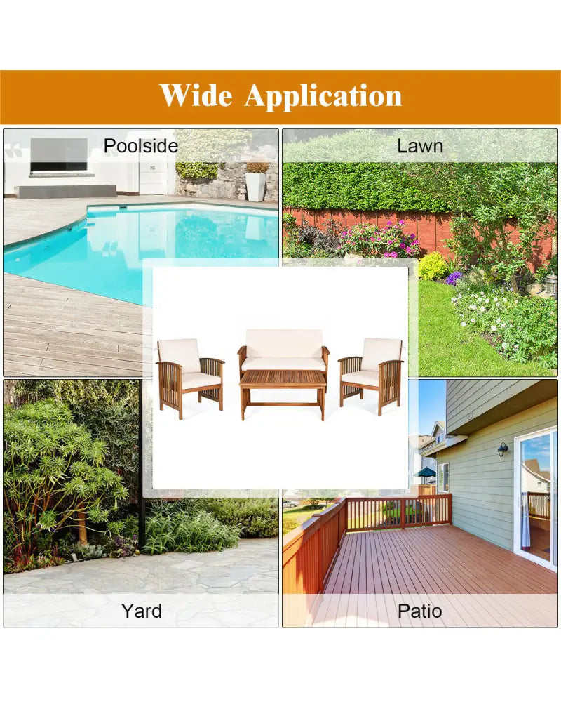 4PCS Patio Solid Wood Furniture Set-Beige - Beige - Patio Conversation Sets
