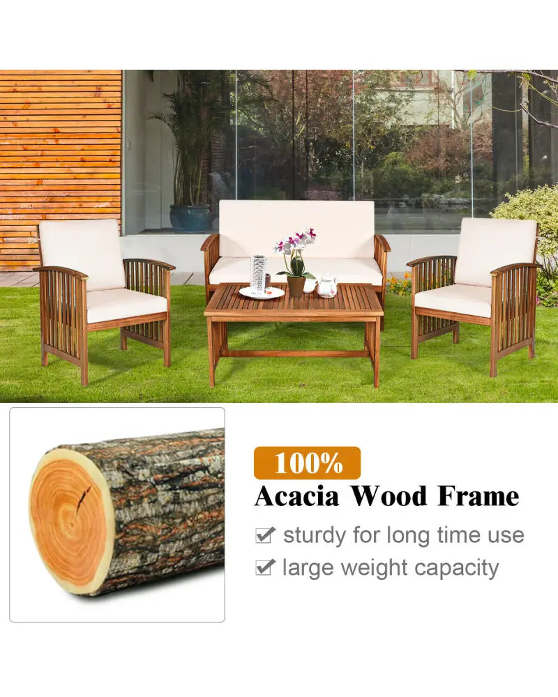 4PCS Patio Solid Wood Furniture Set-Beige - Beige - Patio Conversation Sets