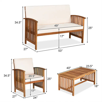 4PCS Patio Solid Wood Furniture Set-Beige - Beige - Patio Conversation Sets