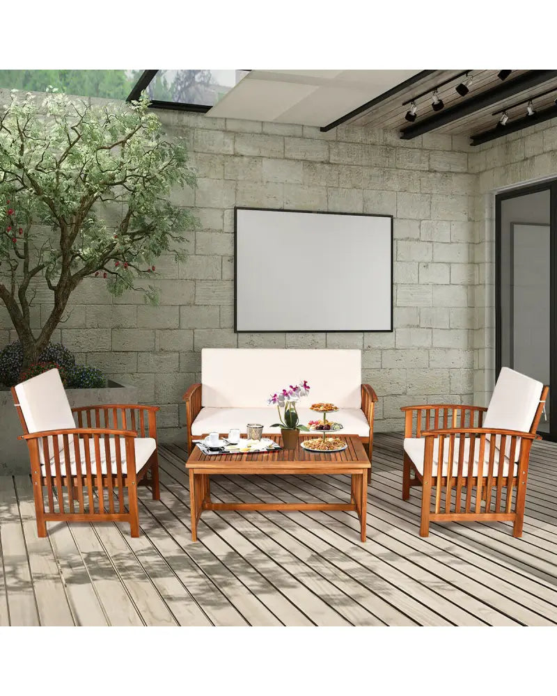 4PCS Patio Solid Wood Furniture Set-Beige - Beige - Patio Conversation Sets