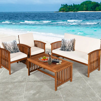 4PCS Patio Solid Wood Furniture Set-Beige - Beige - Patio Conversation Sets