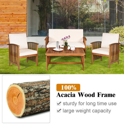 4PCS Patio Solid Wood Furniture Set-Beige - Beige - Patio Conversation Sets