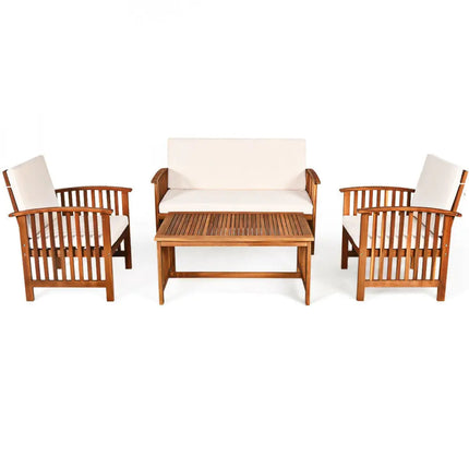 4PCS Patio Solid Wood Furniture Set-Beige - Beige - Patio Conversation Sets