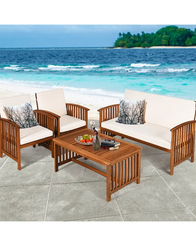 4PCS Patio Solid Wood Furniture Set-Beige - Beige - Patio Conversation Sets